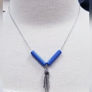 Emmons Blue Striped Lucite Tube Bead & Silver Tassel Choker Necklace, 18 inches